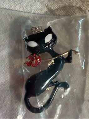 Black Cat Brooch with Red Rhinestone Flower